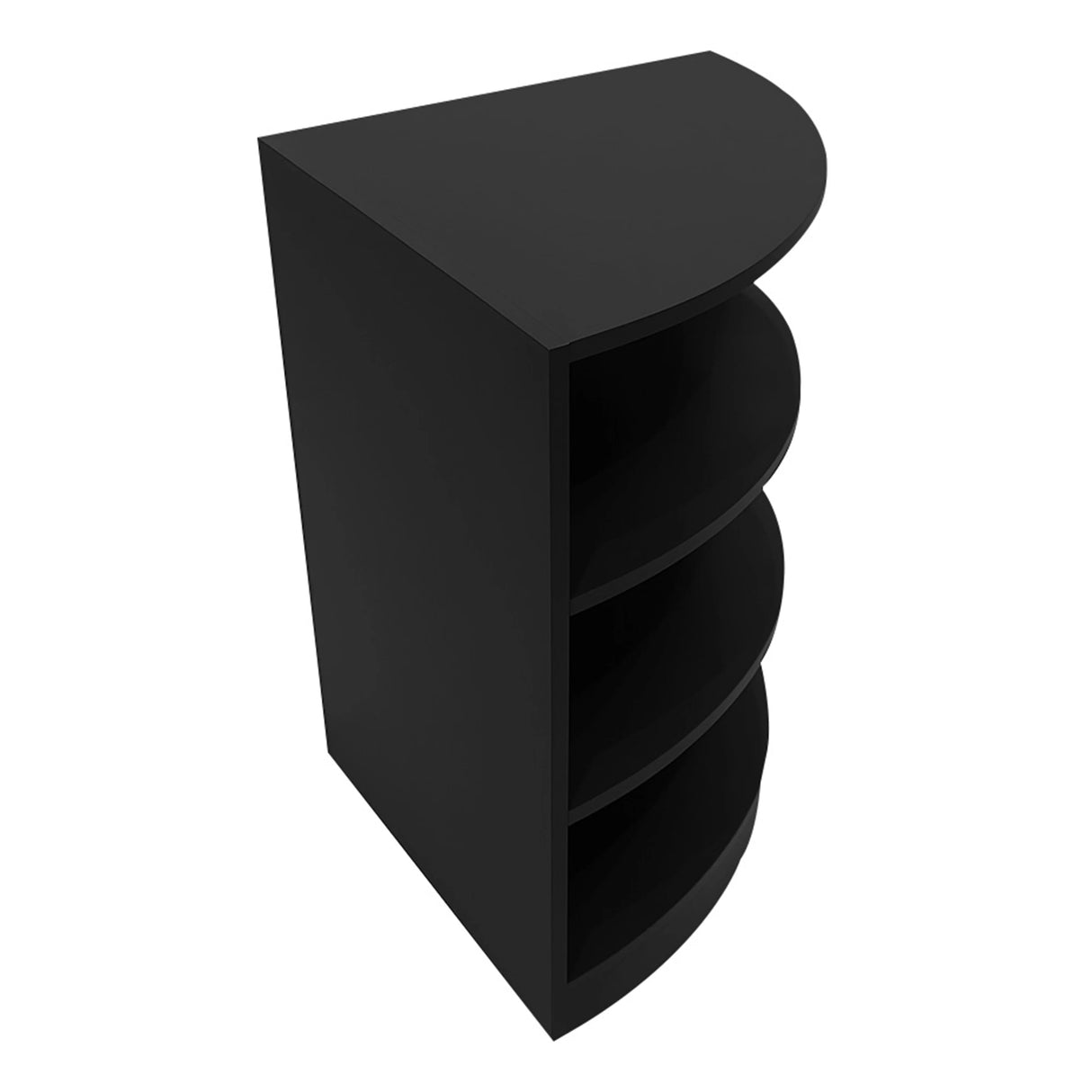 Harmonia LED Shop Counter Set in black, featuring a sleek half-moon design with four open shelves for display and storage