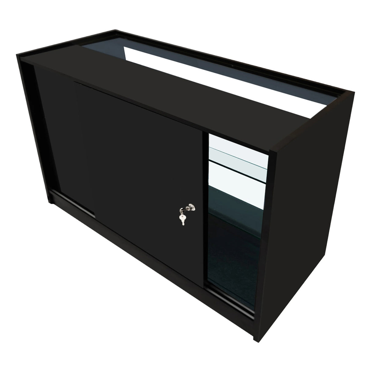 Black Demeter LED shop counter set featuring sleek design, sliding door, glass shelves, and modern finish, ideal for retail displays