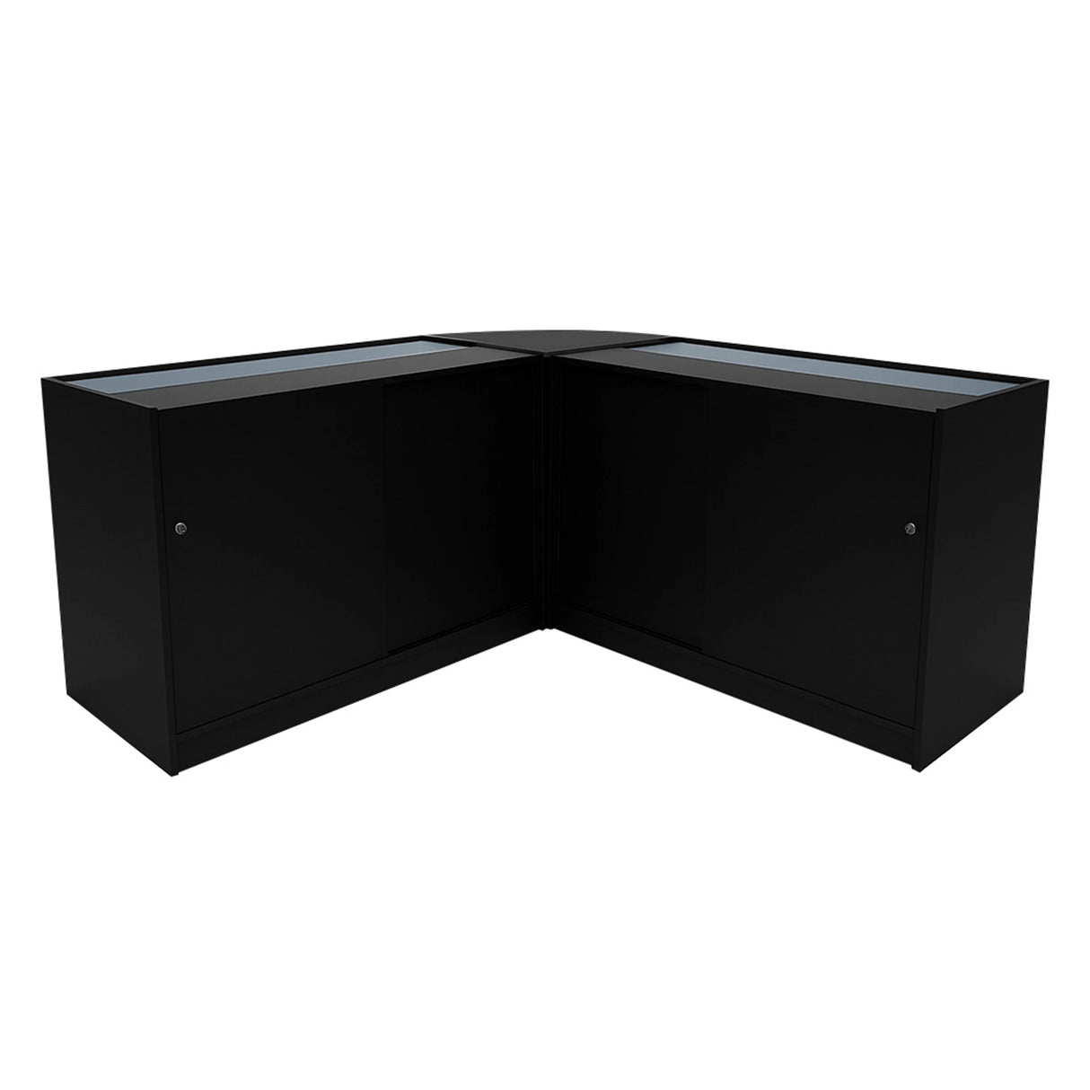 Black Demeter LED Shop Counter Set featuring sleek design, glass display tops, and spacious storage compartments for retail use