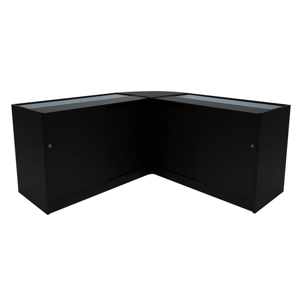 Black Calliope LED shop counter set featuring sleek glass tops and modern design, perfect for retail displays and organization