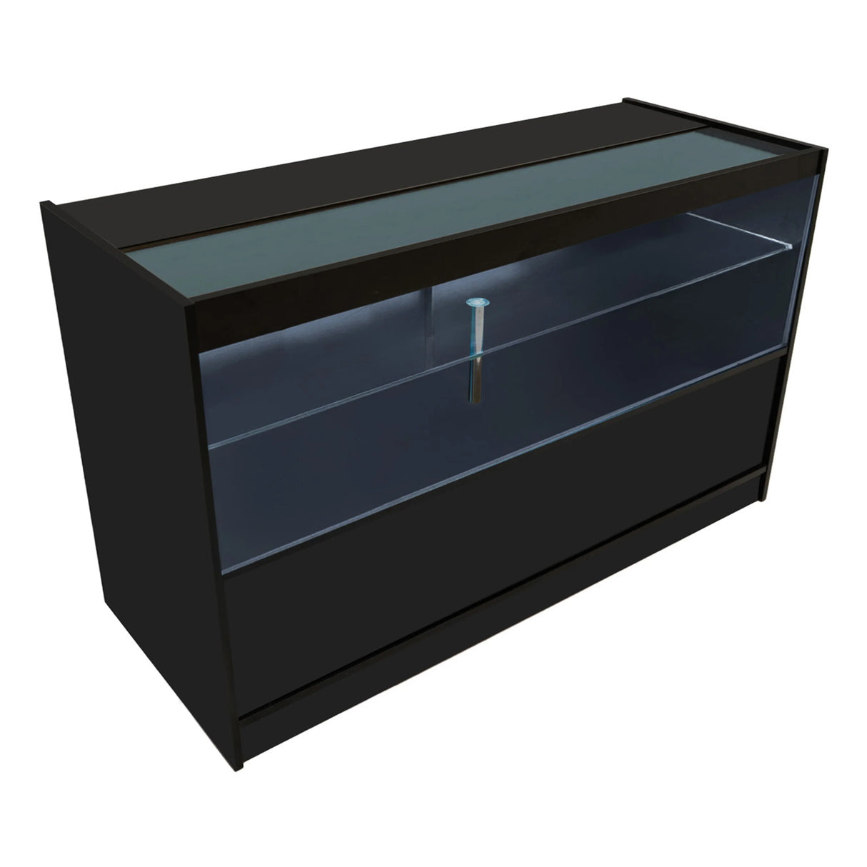 Black Calliope LED shop counter set featuring sleek glass display, modern design, and spacious storage for retail use