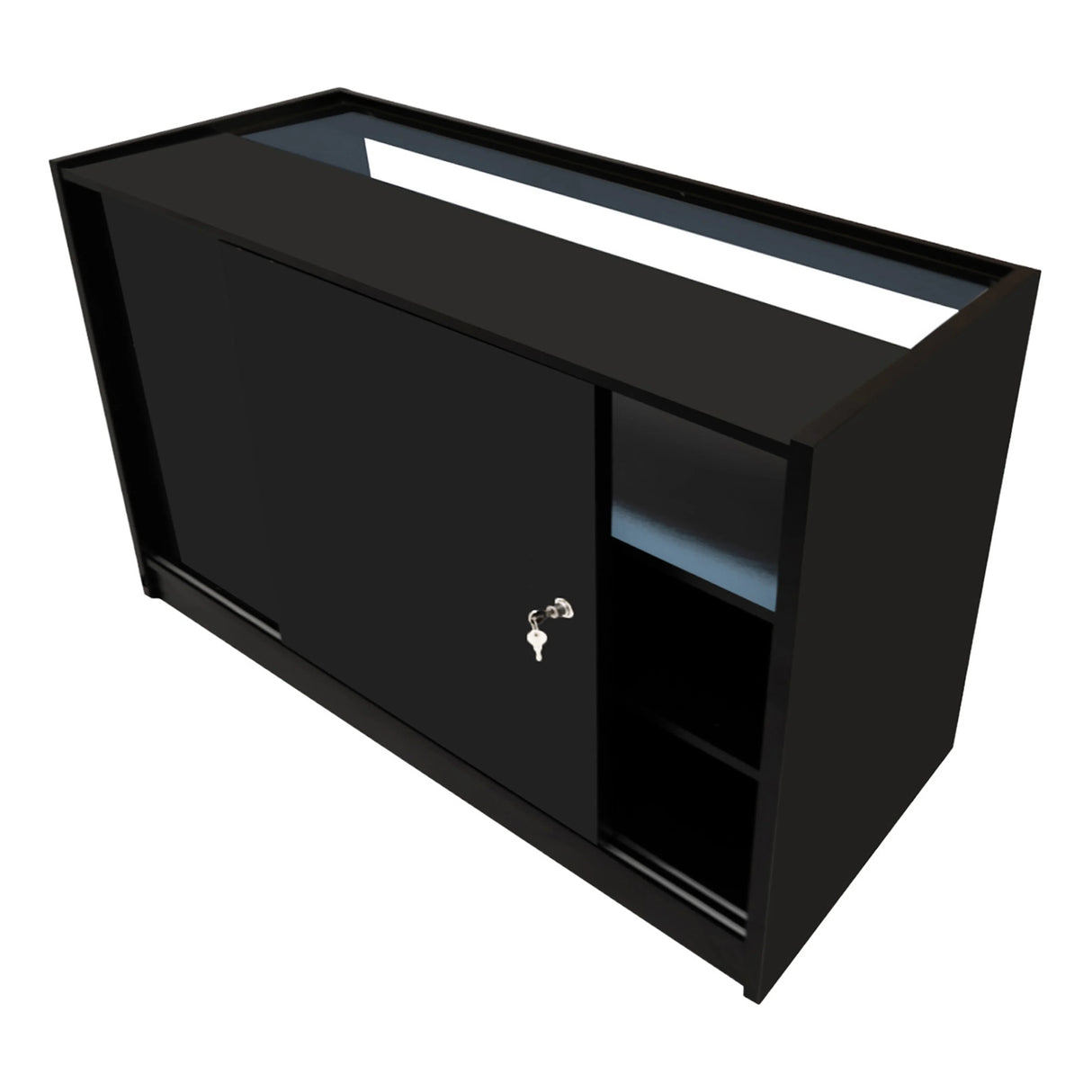 Sleek black Luna LED shop counter set with sliding door, open shelves, and modern design, perfect for retail displays and organization