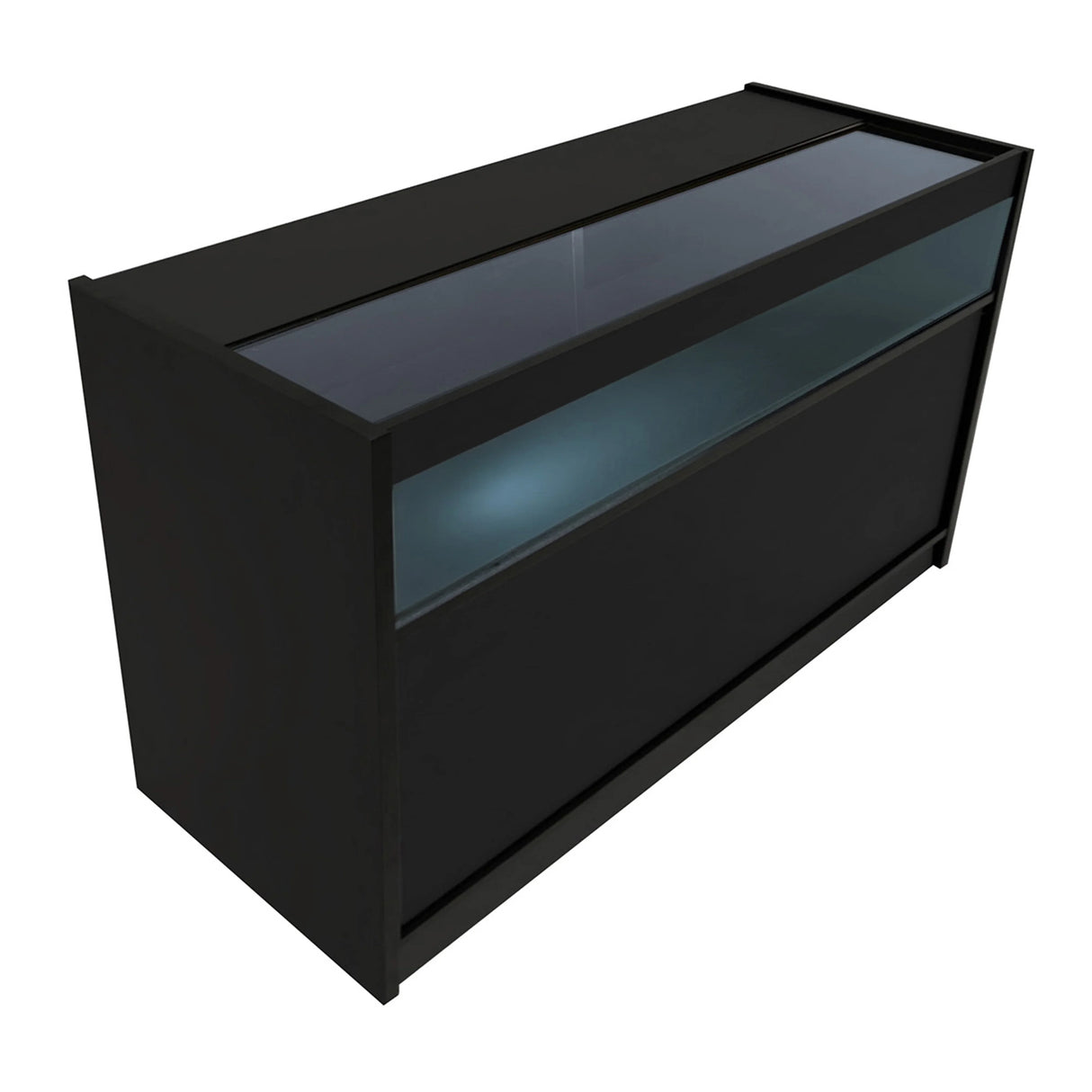 Luna LED black shop counter set featuring sleek glass top, illuminated display area, and modern design for retail spaces