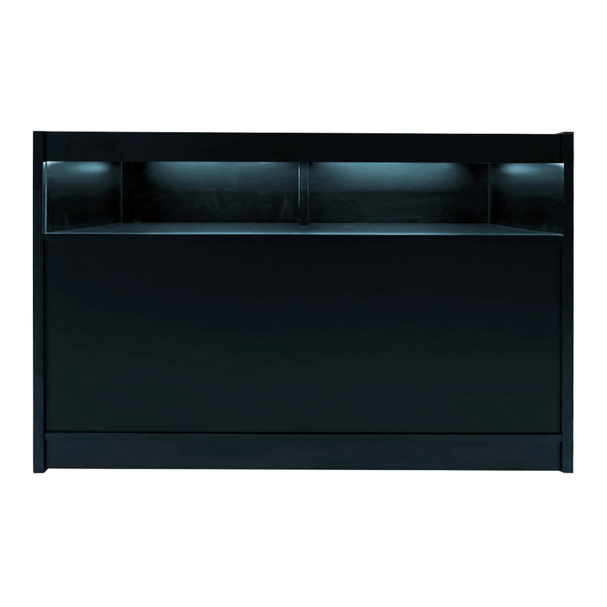 Sleek black Luna LED shop counter set featuring illuminated shelves, smooth finish, and modern design for stylish retail displays