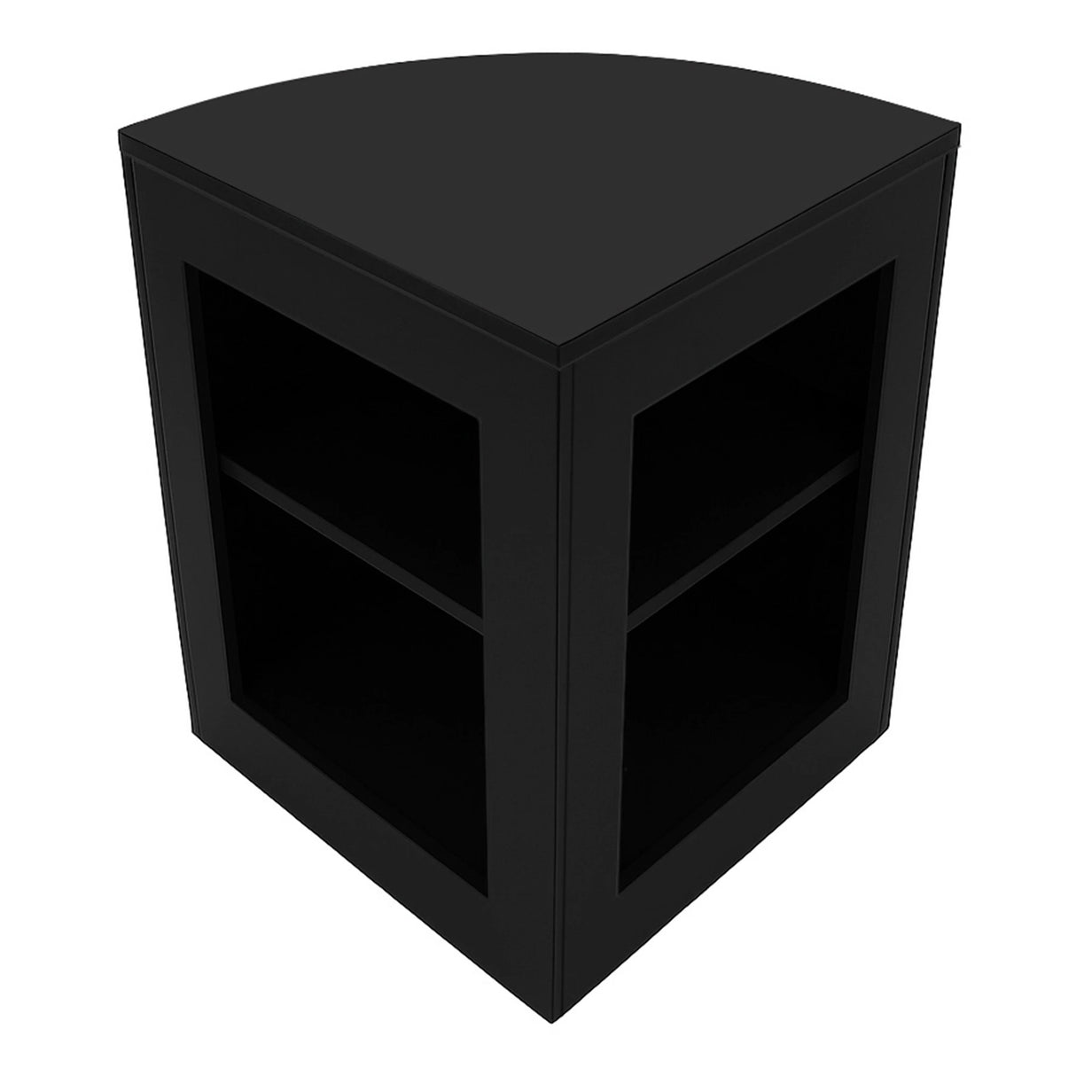 Black corner display counter with two shelves, sleek design, and smooth finish, ideal for showcasing products in retail spaces