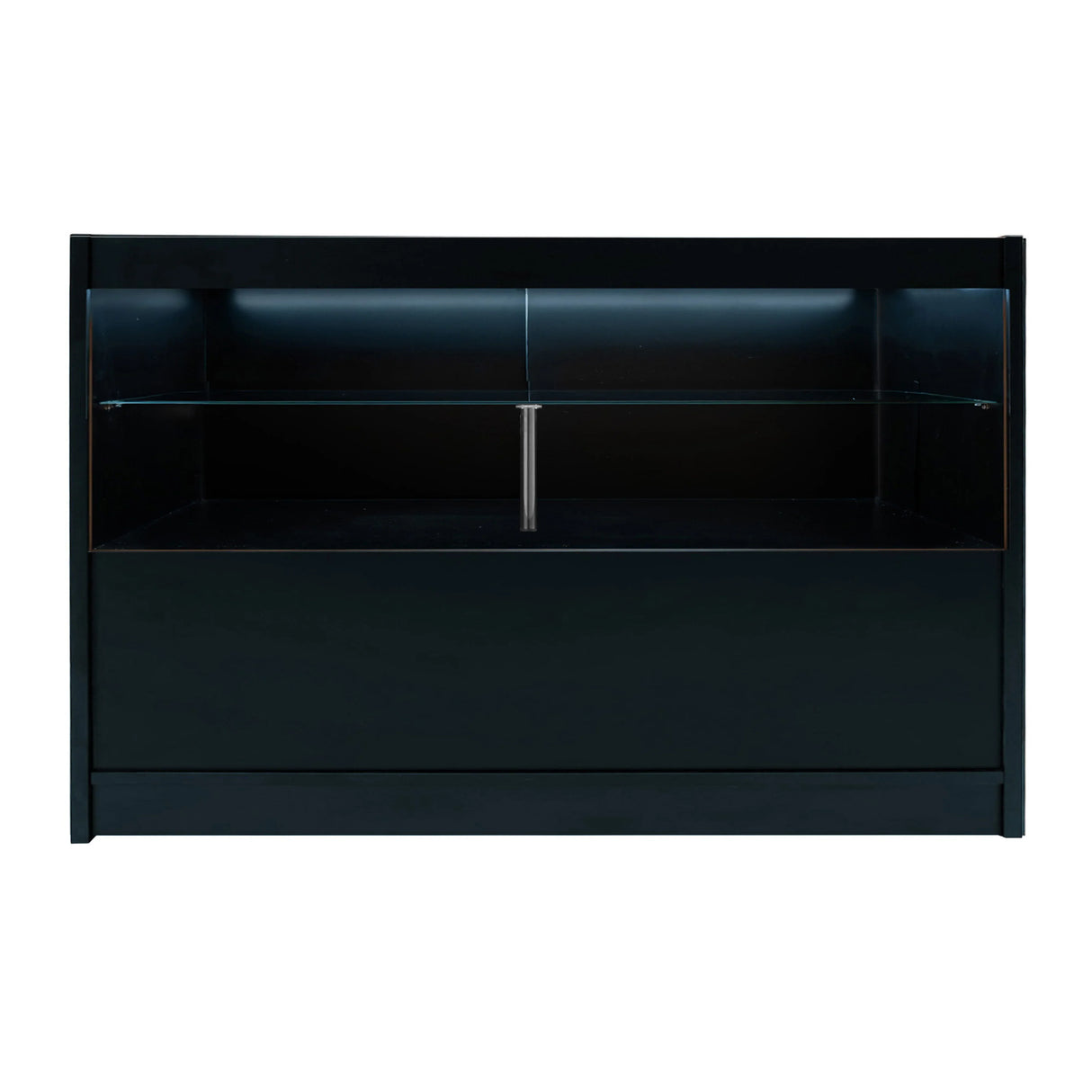 Black Phoenix LED shop counter set featuring sleek design, glass shelves, and modern lighting for retail display and organization