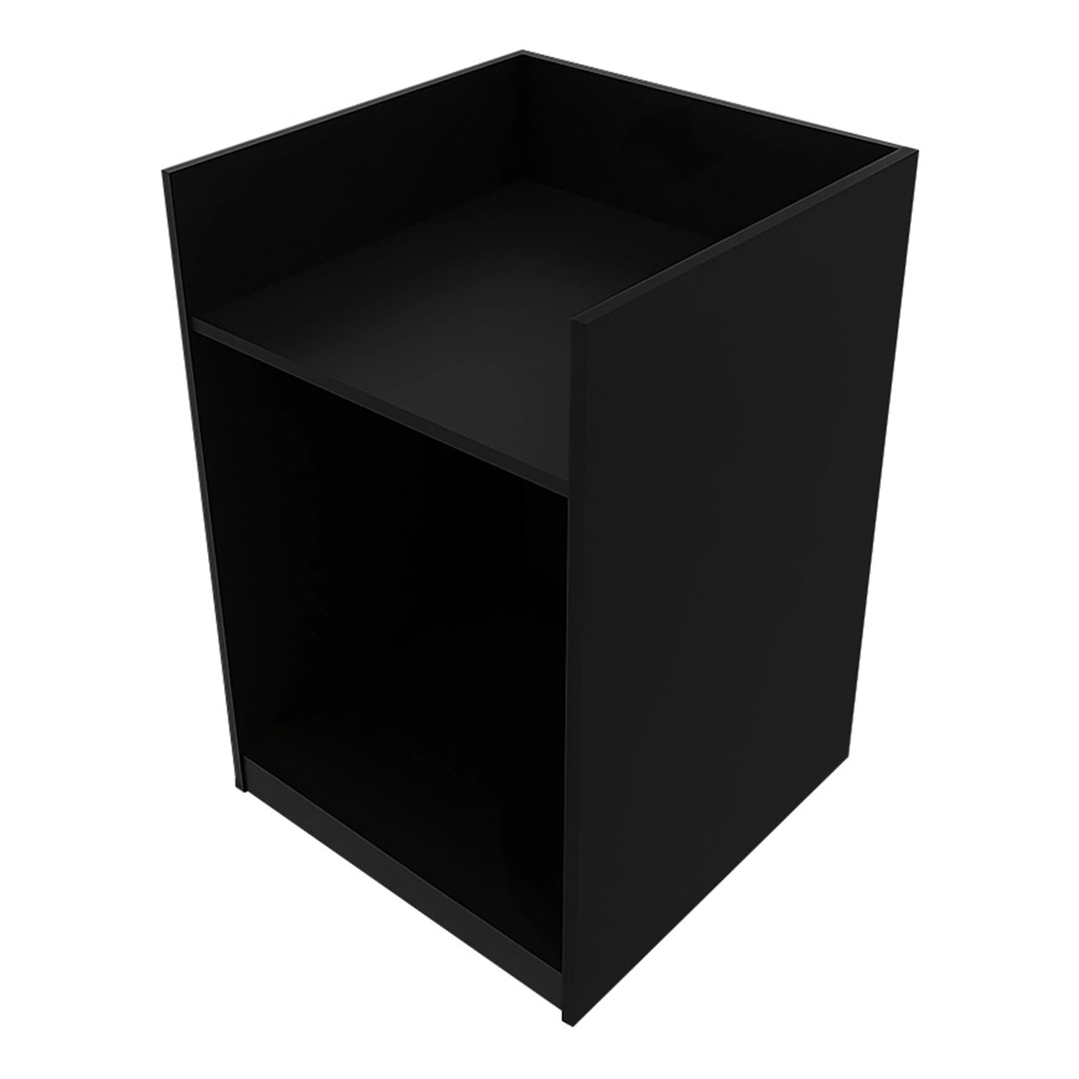 Black Phoenix LED shop counter set featuring a sleek design with a spacious top shelf and open bottom for storage, ideal for retail displays