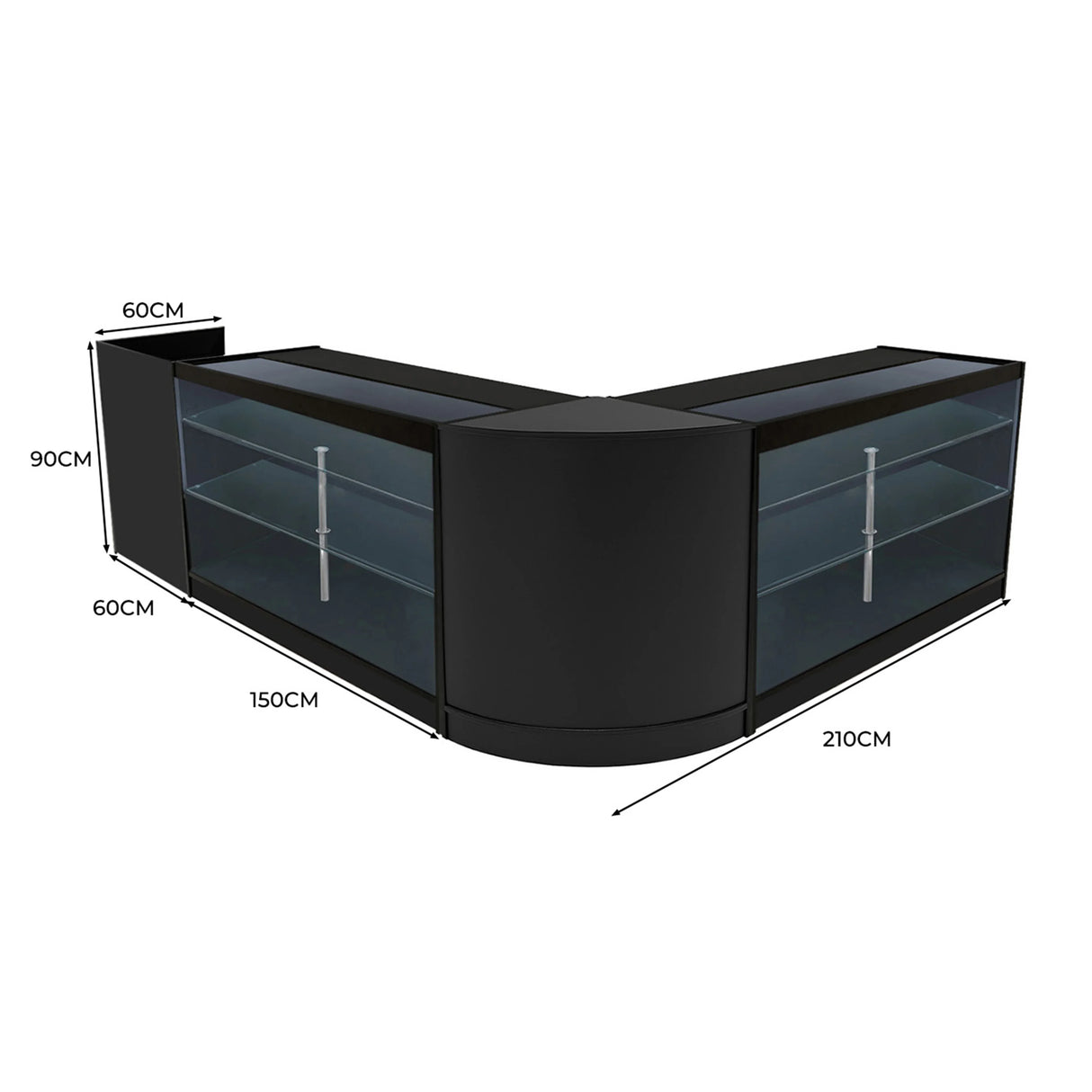 Black Aries LED Shop Counter Set featuring sleek glass shelves, modern design, and dimensions of 210cm x 150cm x 90cm
