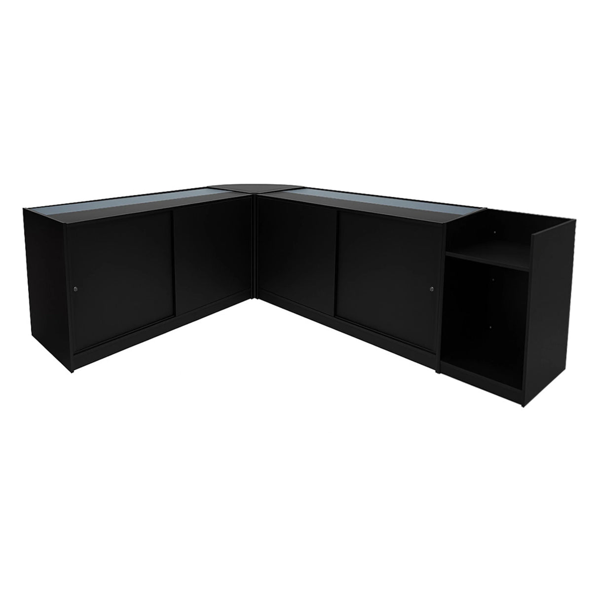 Black Gravity LED Shop Counter Set featuring sleek design, glass display tops, and ample storage space for retail use