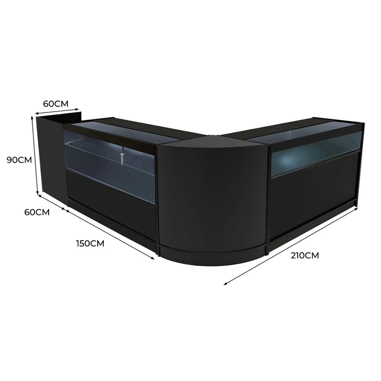 Gravity LED Shop Counter Set in black, featuring sleek curved design, glass display sections, and precise dimensions for retail use
