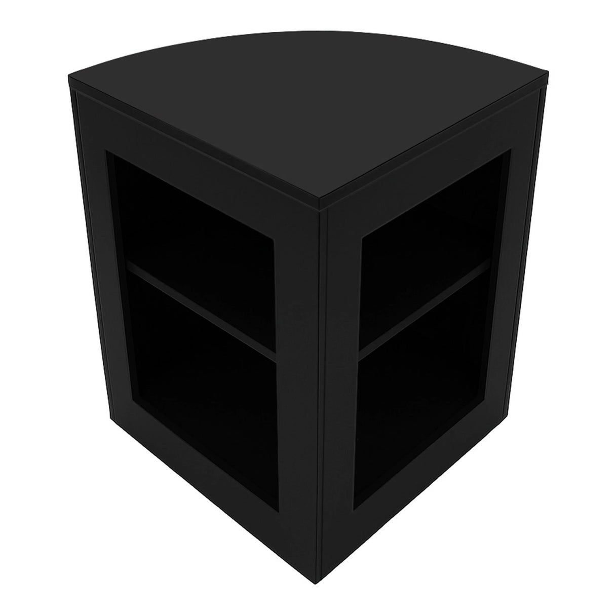 Black corner shop counter with two open shelves, sleek design, and modern finish, ideal for retail displays and organization