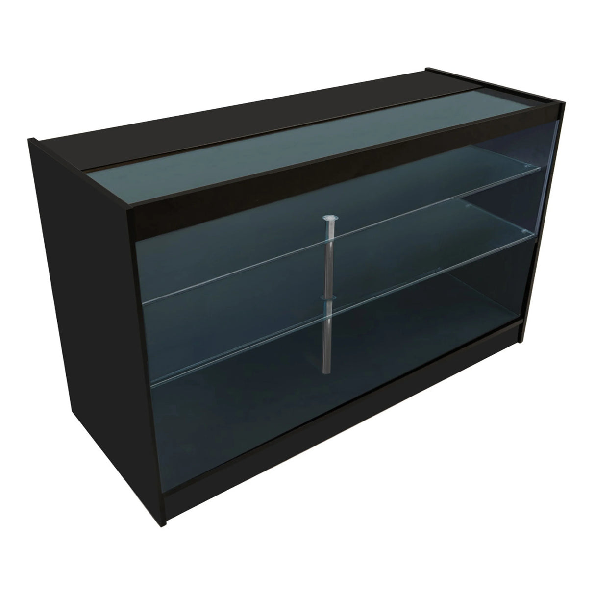 Vega LED Shop Counter Set in black features a sleek design with glass shelves, ideal for showcasing products in retail spaces