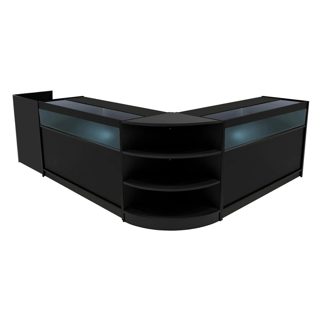 Sagittarius LED Shop Counter Set in black features a sleek, modern design with glass display tops and multiple storage shelves