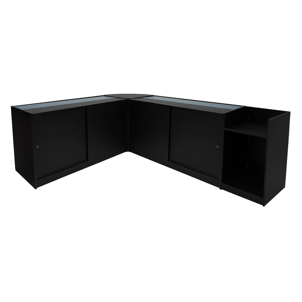Sagittarius LED Shop Counter Set in sleek black, featuring glass display tops, smooth surfaces, and spacious storage compartments