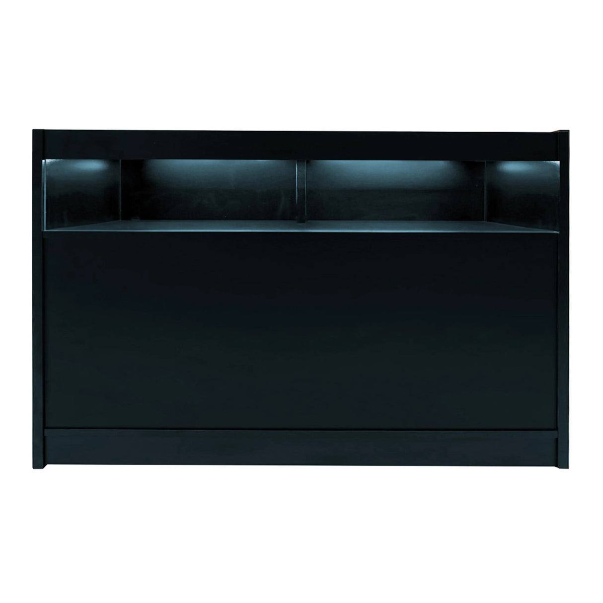 Sagittarius LED Shop Counter Set in sleek black, featuring illuminated shelves and a smooth surface, ideal for retail displays