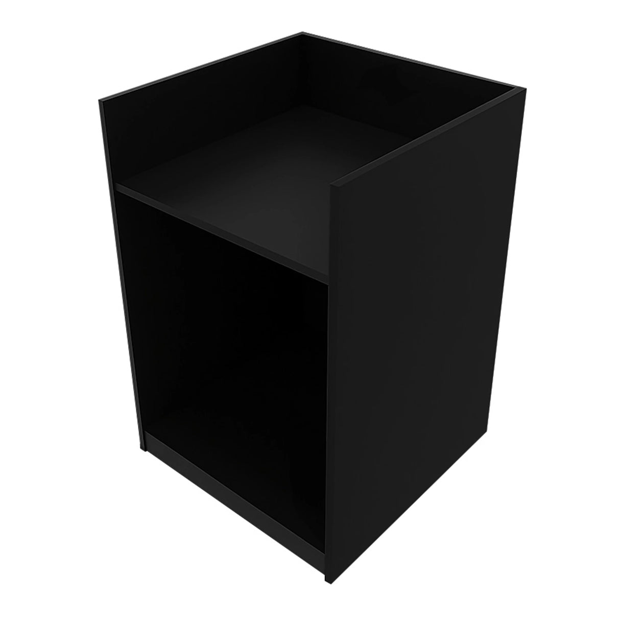 Sagittarius LED Shop Counter Set in sleek black, featuring a minimalist design with a smooth finish and open storage space