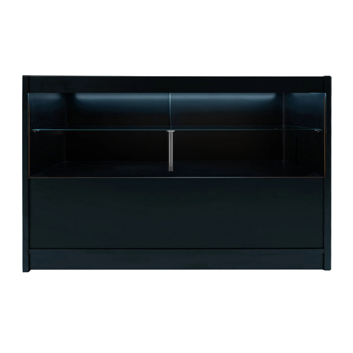 Eclipse LED shop counter set in sleek black, featuring a modern design with illuminated shelves and spacious storage compartments
