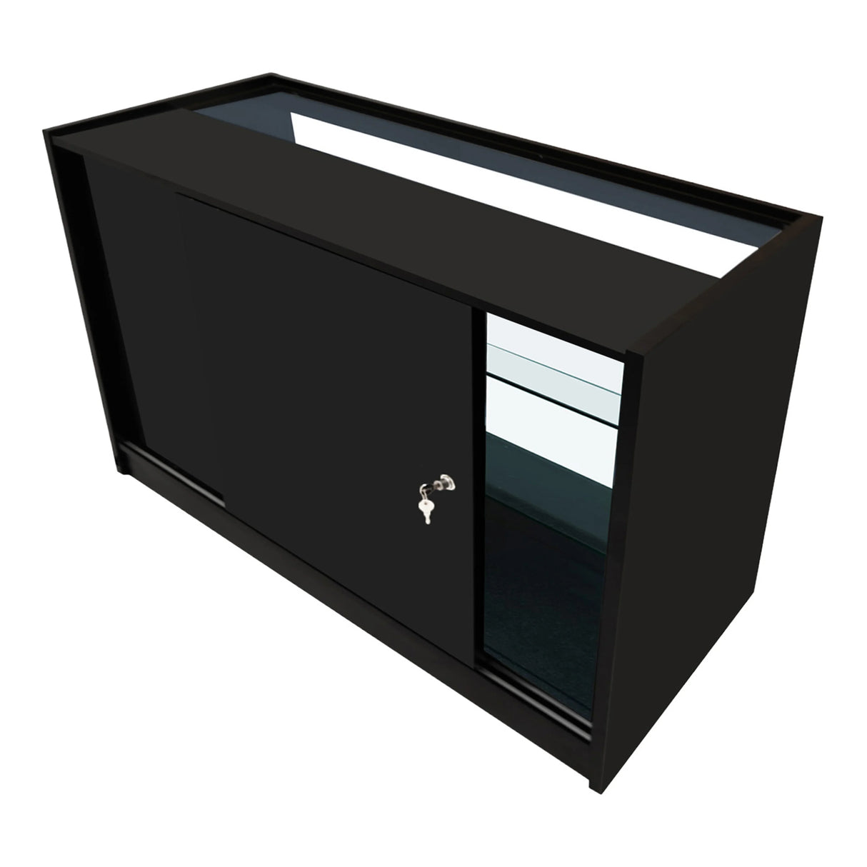 Black Astro LED shop counter set featuring sleek design, sliding doors, glass display shelves, and modern finish for retail use