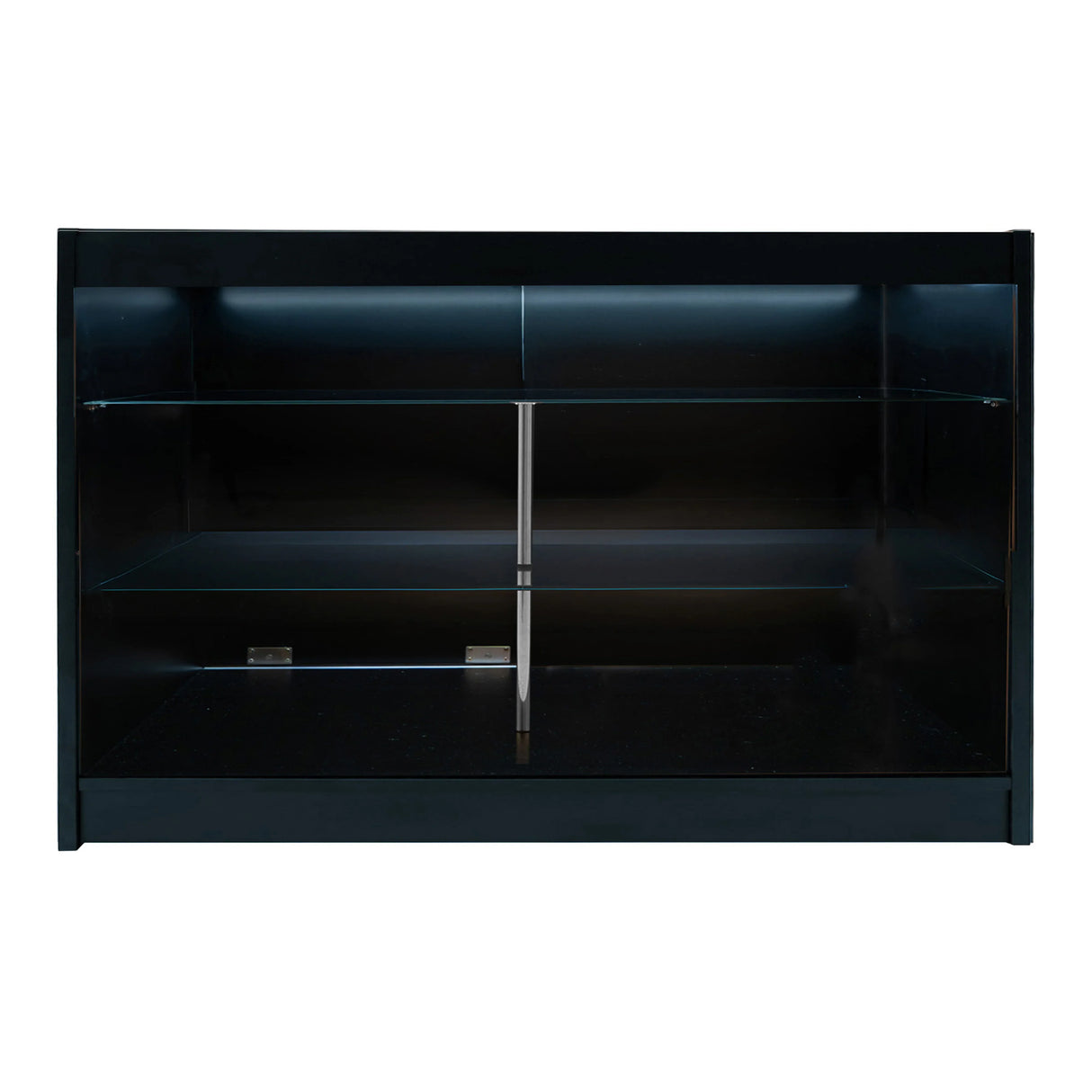 Astro LED Shop Counter Set in black, featuring sleek design, glass shelves, and modern lighting for retail display