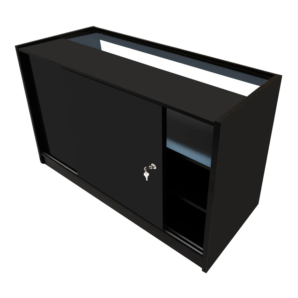 Black Europa LED shop counter with sliding door, illuminated display area, and storage shelves, designed for retail environments