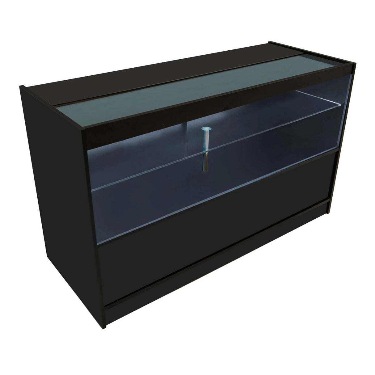 Europa LED Shop Counter Set in black, featuring a sleek design with a glass top and illuminated display area for showcasing products