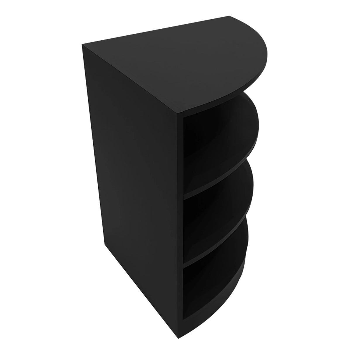 Black Europa LED shop counter with curved design, featuring four open shelves for display and storage, sleek and modern style