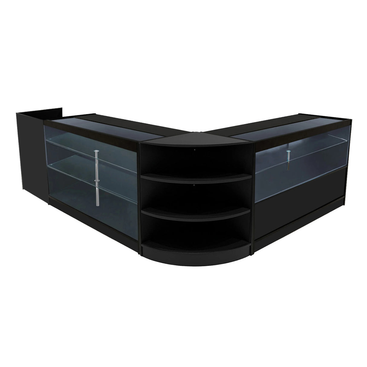 Theia LED Shop Counter Set in black features sleek glass displays, curved edges, and ample shelving for organized retail presentation