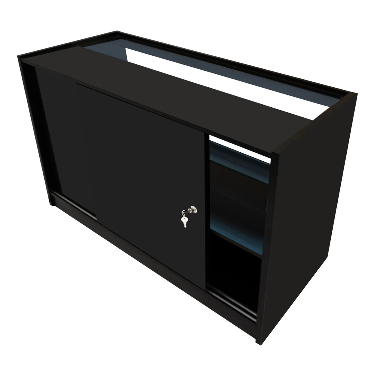 Theia LED Shop Counter Set in sleek black, featuring a sliding door, open shelving, and modern design for retail spaces