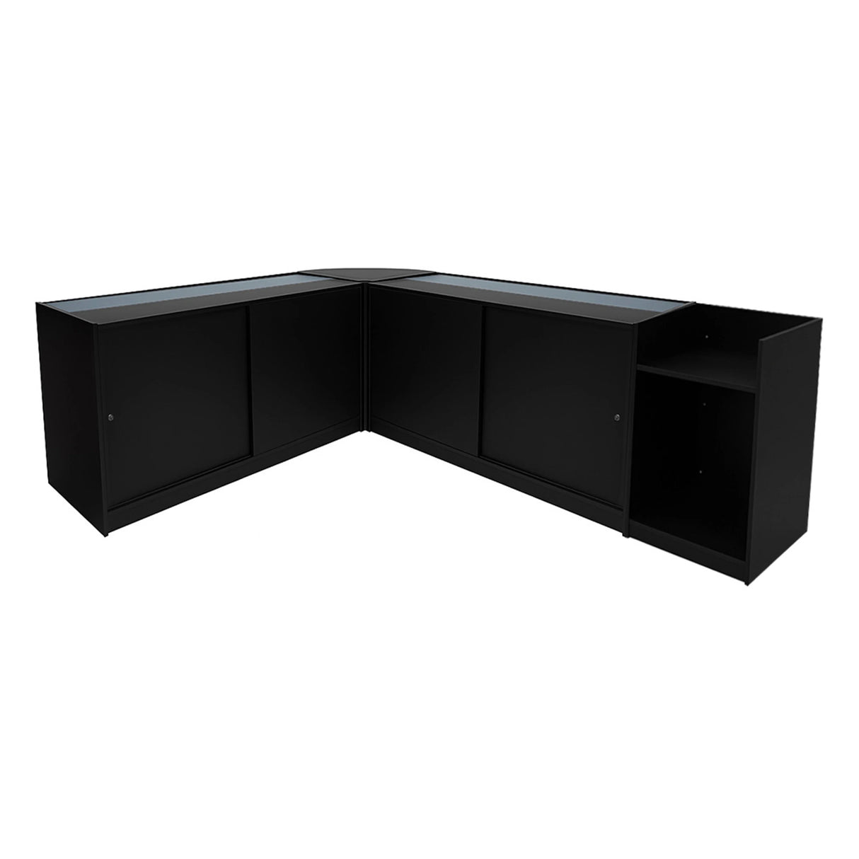 Theia LED Shop Counter Set in black, featuring sleek surfaces, glass tops, and a modern design with ample storage space