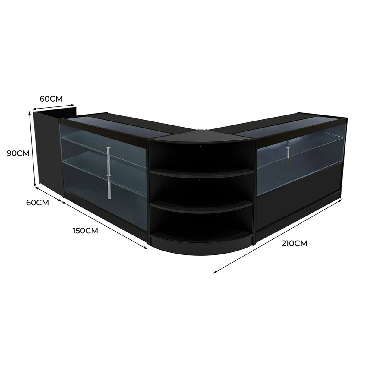 Theia LED Shop Counter Set in black features sleek glass displays, curved edges, and ample shelving for organized retail space