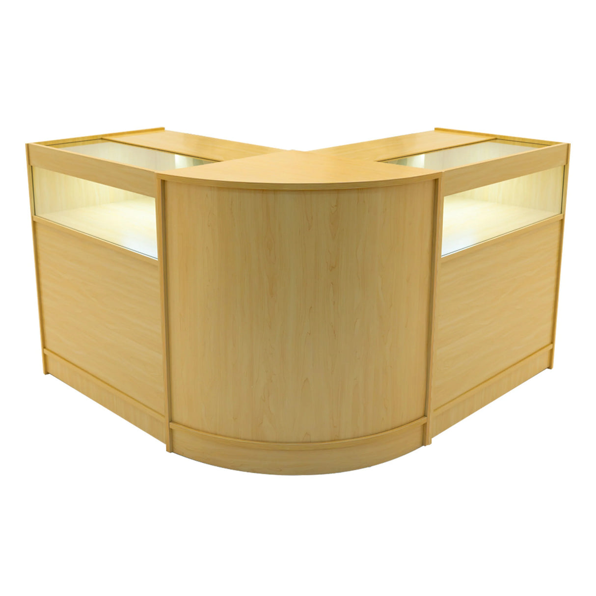 Maple Iris LED shop counter set with two B900 display cases, featuring a sleek, modern design and illuminated glass tops