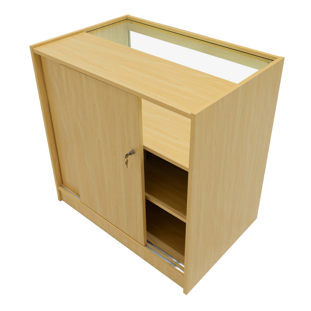 Maple Iris LED shop counter set with sliding door, glass top, and open shelving, showcasing a modern, sleek design for retail spaces