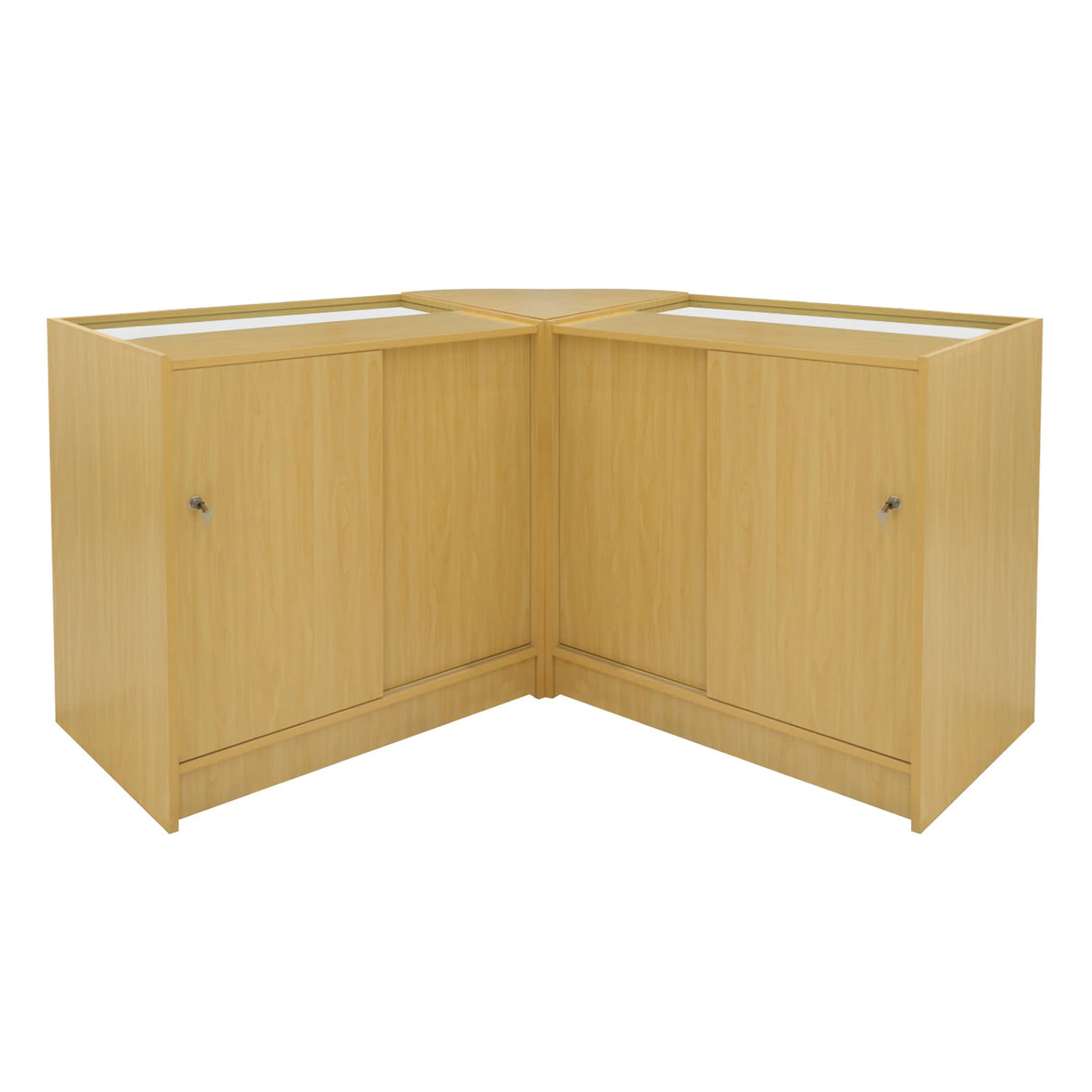 Maple Iris LED Shop Counter Set CM60 with two B900 display units, featuring a sleek design, glass tops, and ample storage space