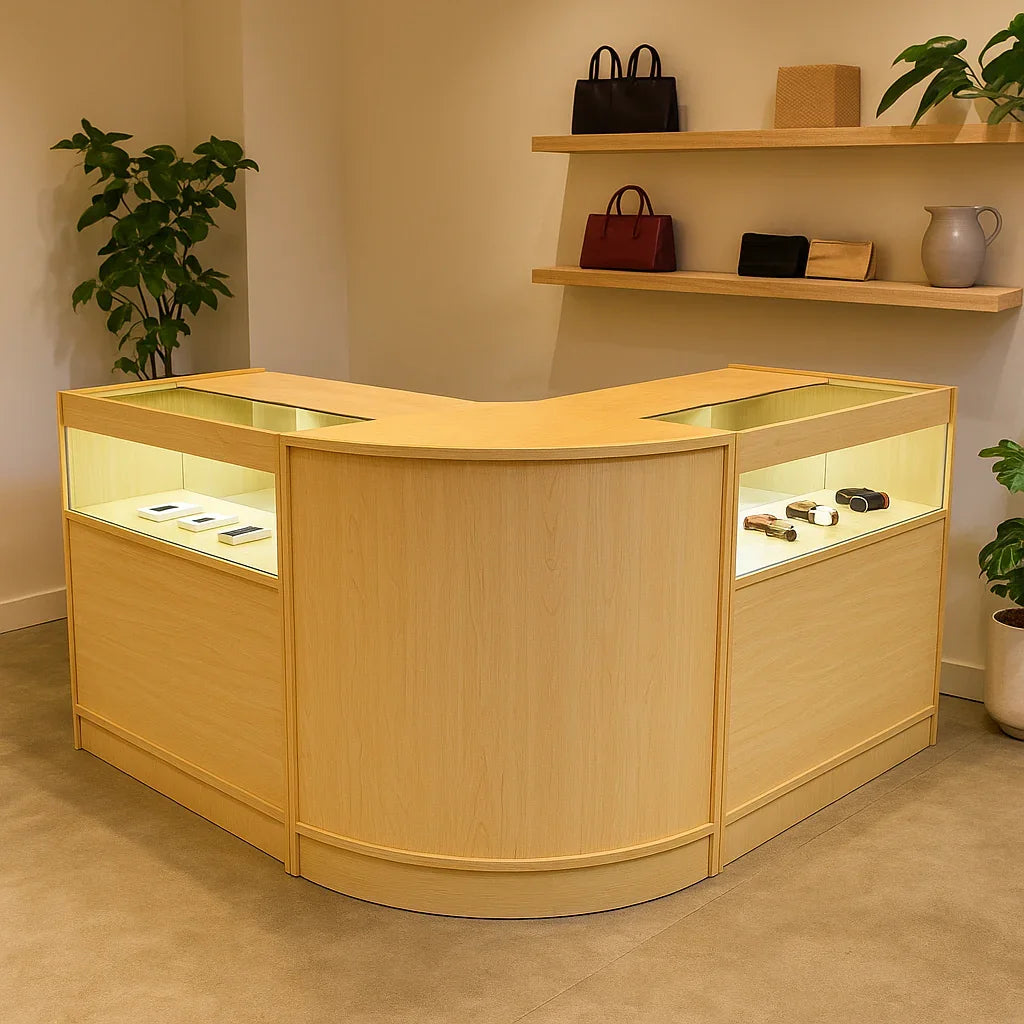 Maple Iris LED shop counter set with a modern design, featuring glass display sections and soft lighting, ideal for retail spaces