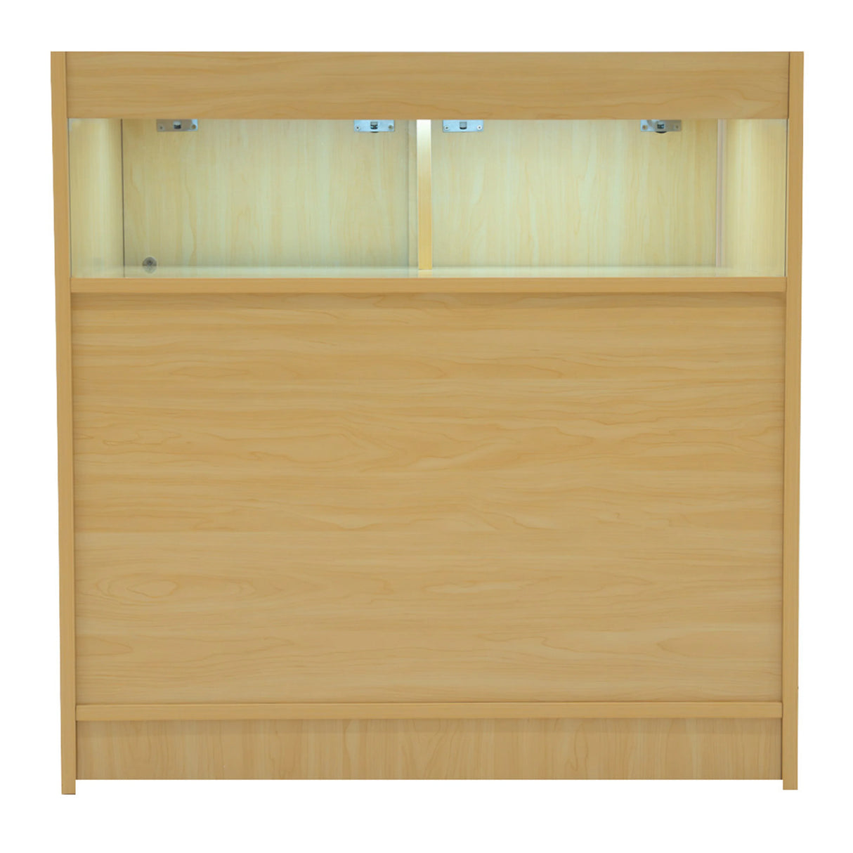 Maple Iris LED shop counter set featuring a sleek design, two illuminated display sections, and a smooth wood finish