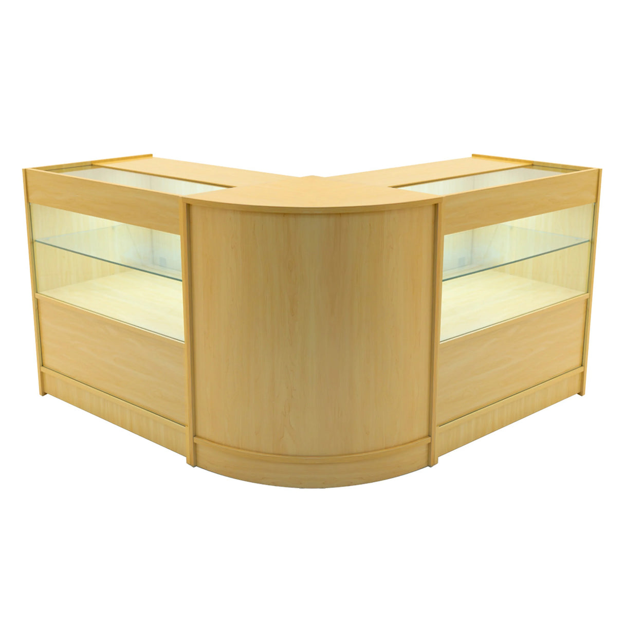 Maple wood Selene LED shop counter set featuring a curved design with glass display shelves, ideal for showcasing products