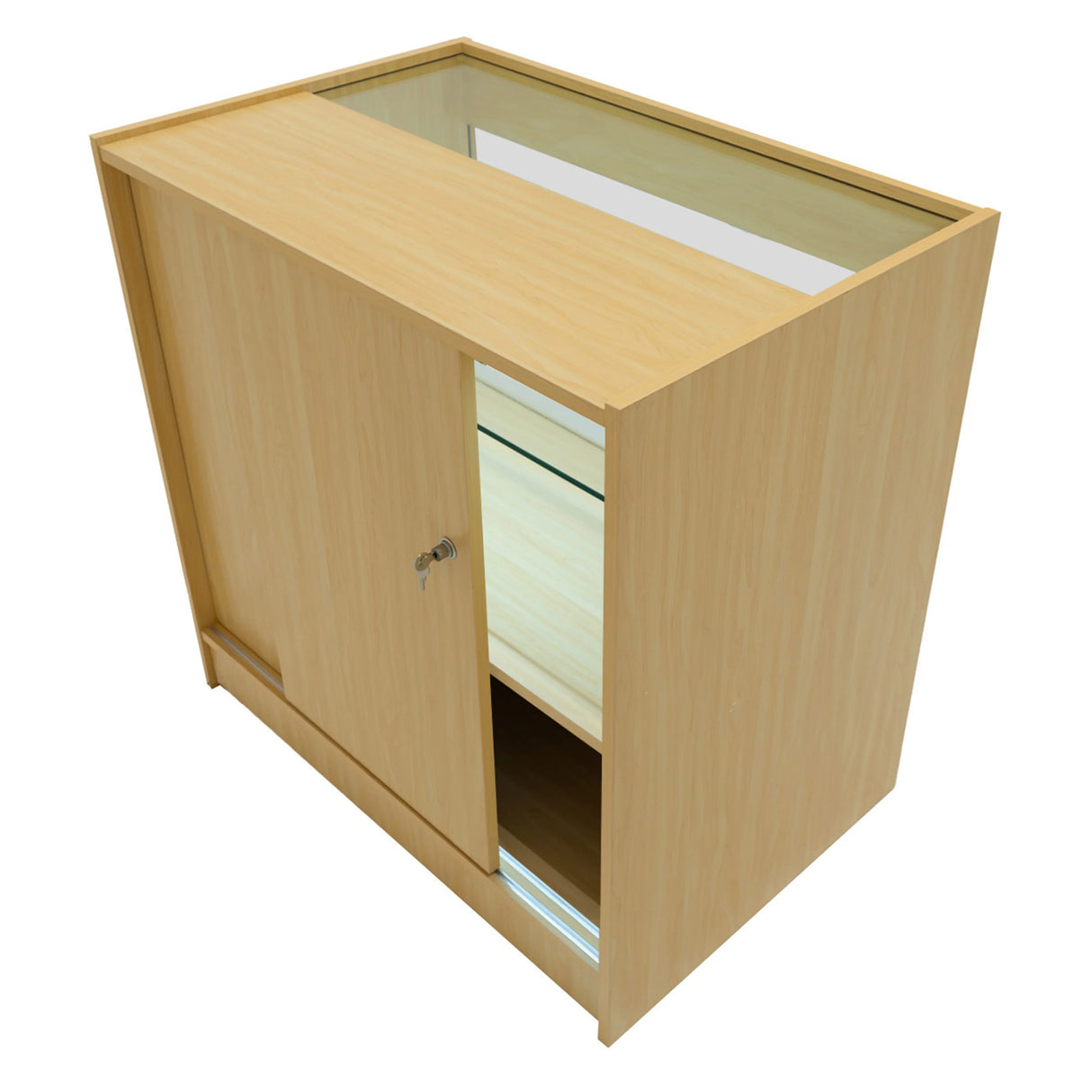 Maple Selene LED shop counter set with a glass top, sliding door, and illuminated display area, ideal for retail environments