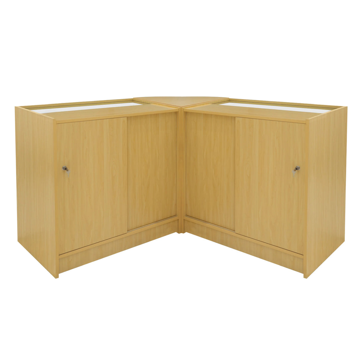 Maple Selene LED shop counter set featuring two corner display units with glass tops and storage cabinets, ideal for retail spaces