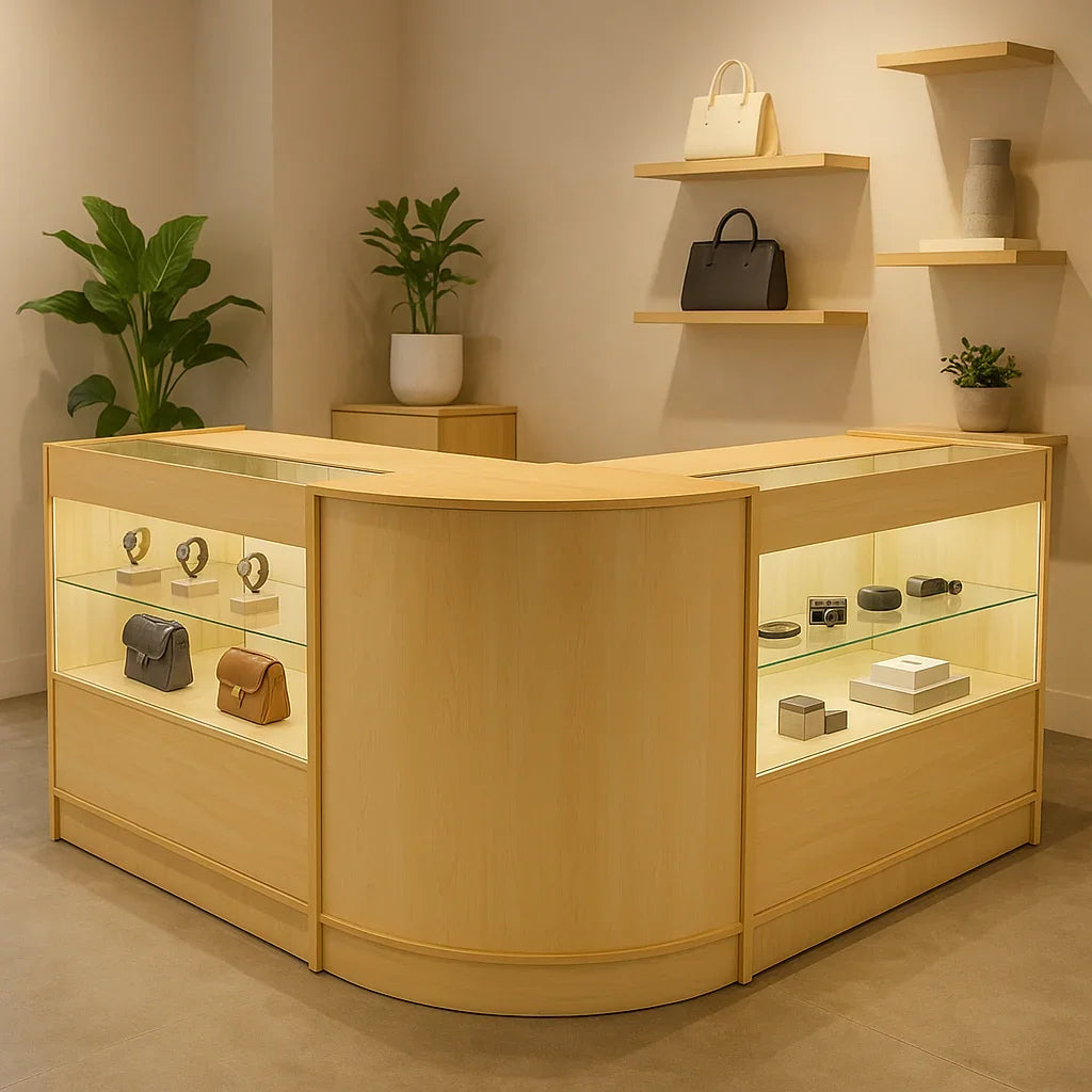 Curved maple LED shop counter set with glass display for jewelry and accessories, featuring warm lighting and modern design