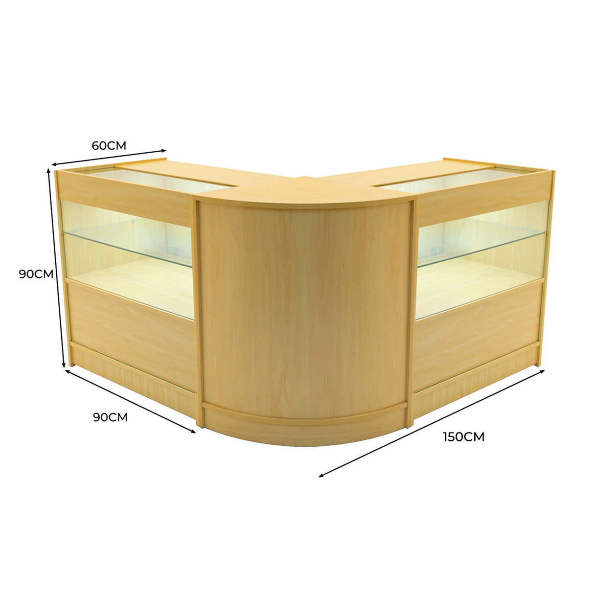 Curved maple LED shop counter set with glass display sections, measuring 60cm by 150cm, ideal for retail environments