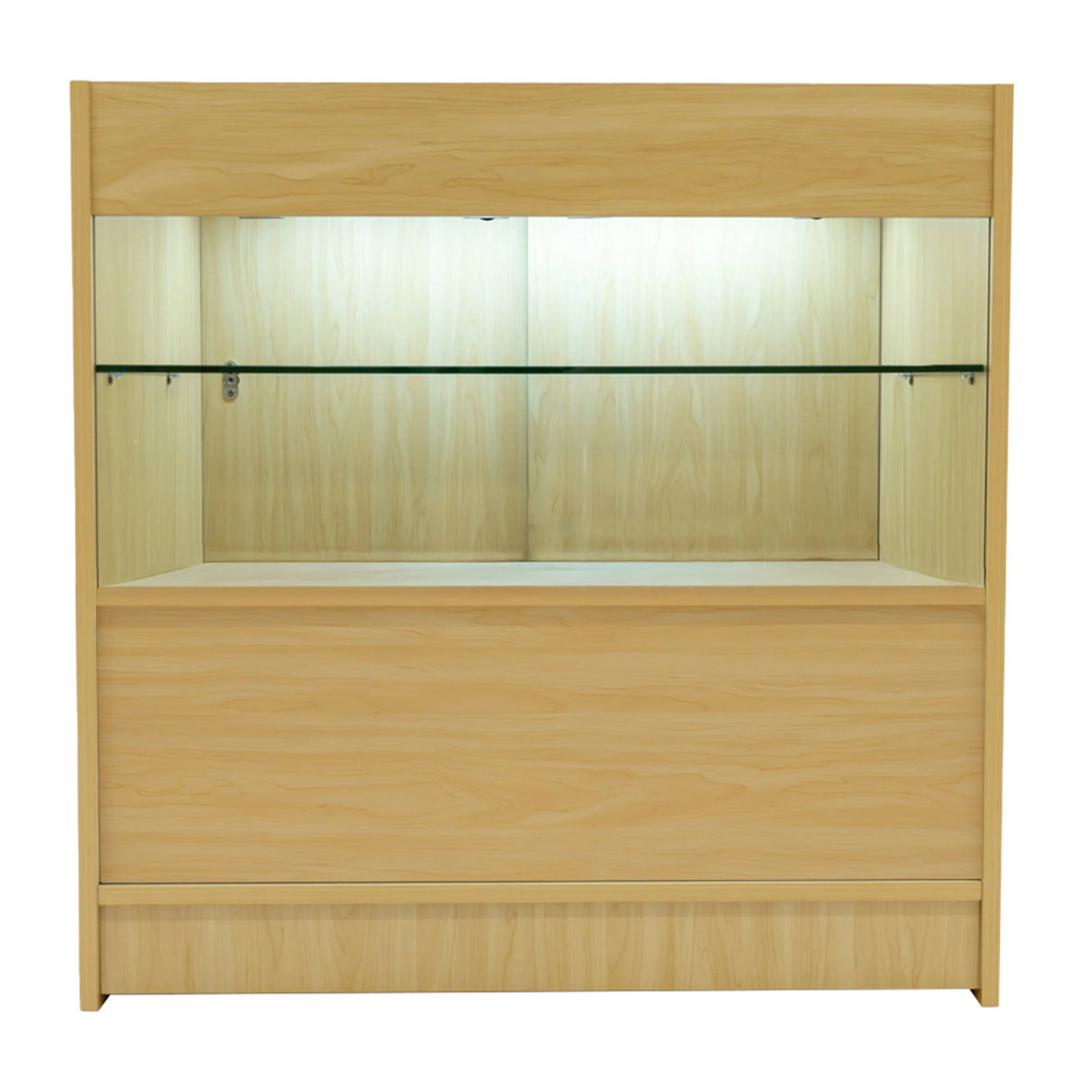 Selene LED shop counter set in maple finish, featuring a glass display shelf and soft interior lighting for enhanced visibility