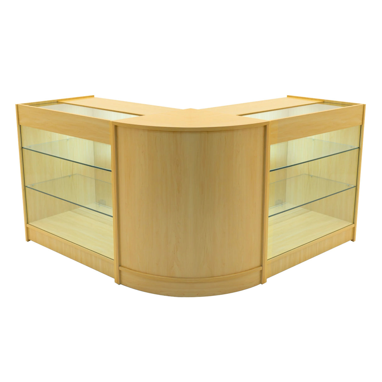Maple Helios LED shop counter set featuring a sleek, curved design with glass shelves, ideal for retail display and organization