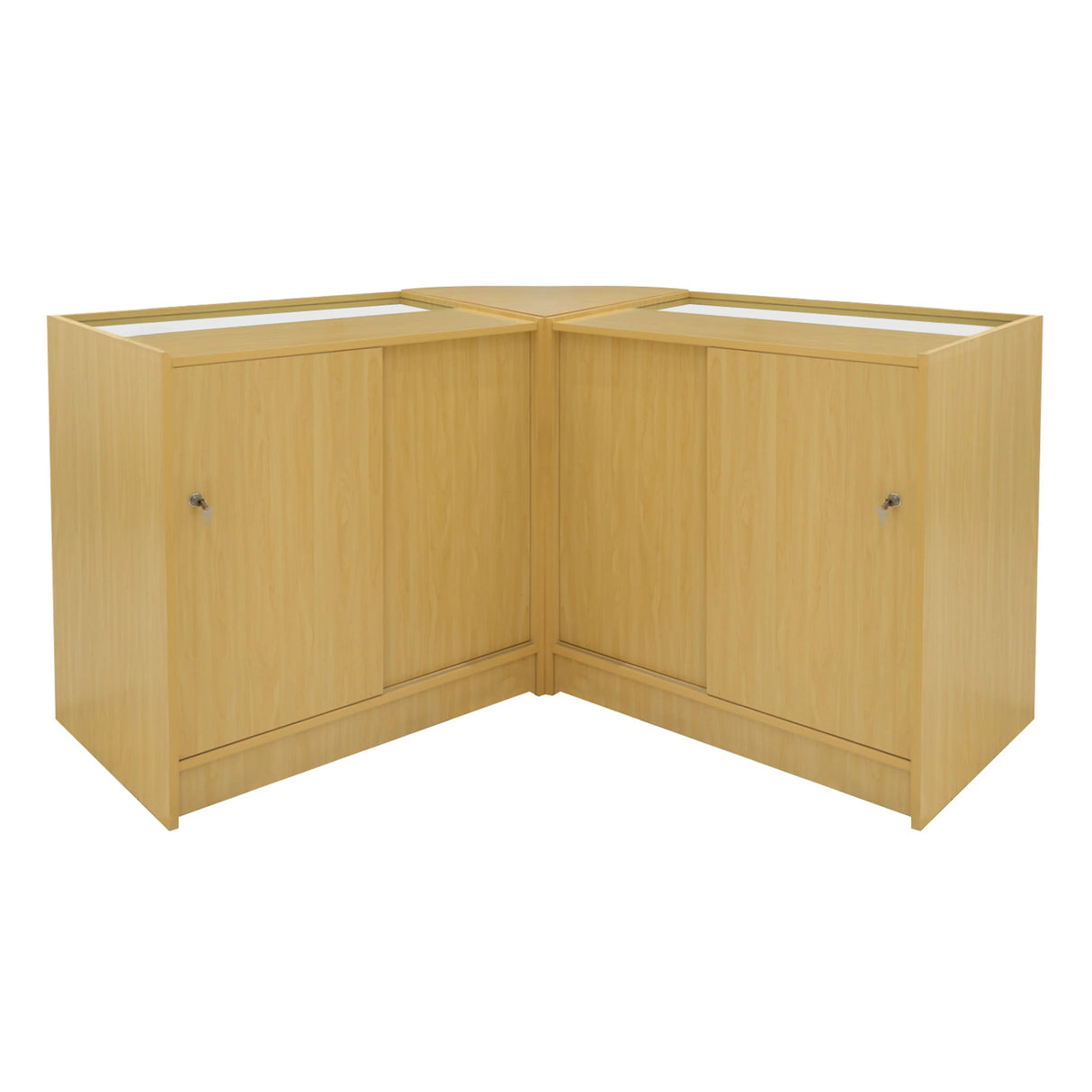 Maple wood Helios LED shop counter set featuring two K900 display cabinets with glass tops and sleek, modern design