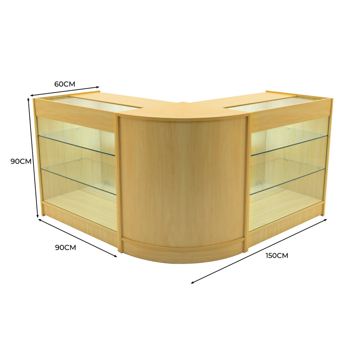 Maple Helios LED shop counter set with two K900 display cases, featuring glass shelves and a sleek curved design, ideal for retail use