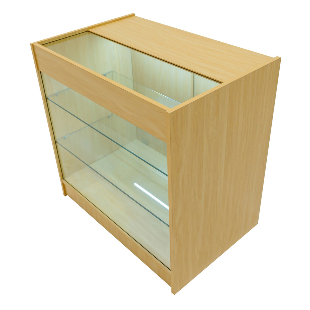 Maple LED shop counter set with glass shelves, sleek design, and illuminated interior, ideal for displaying products elegantly