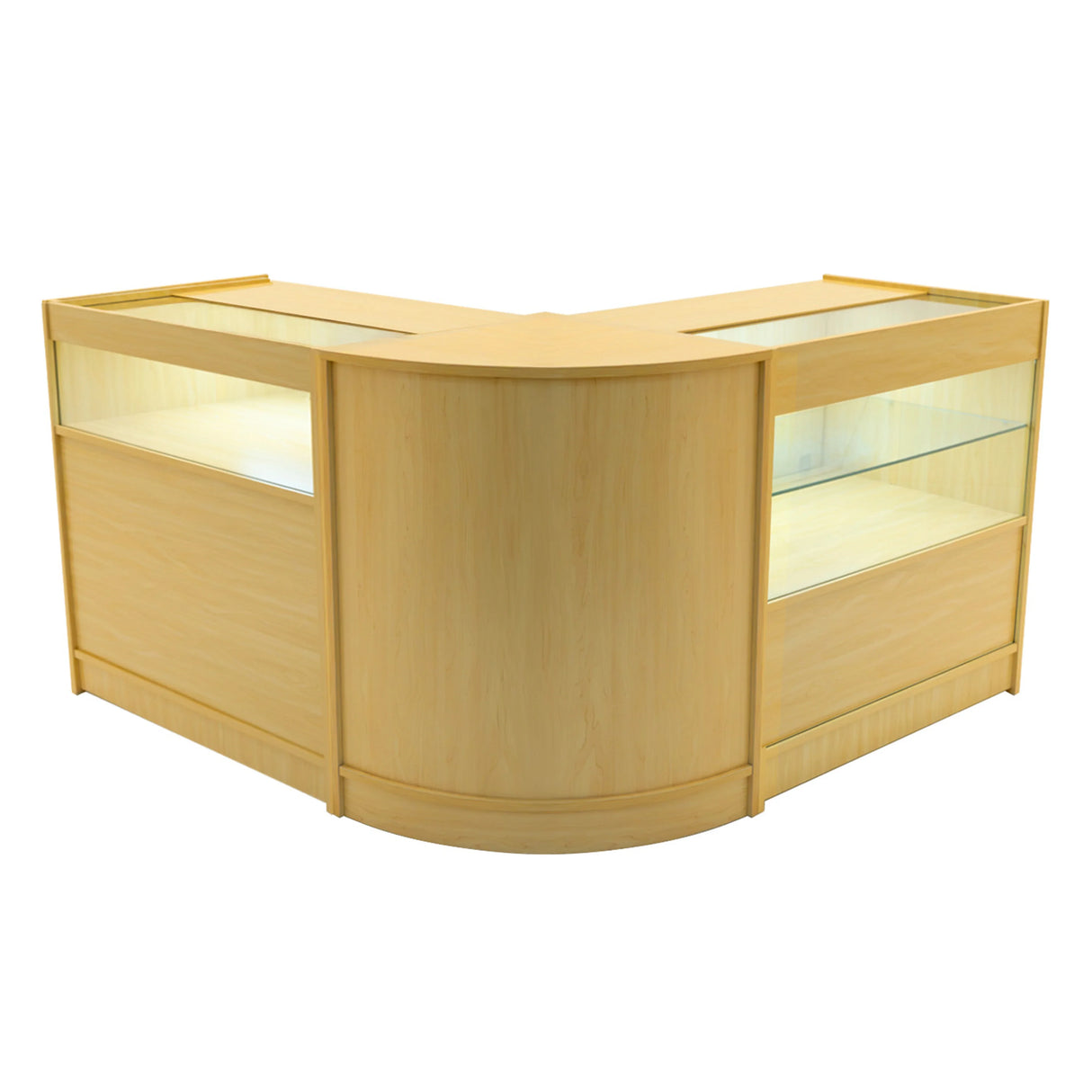 Adonis LED Shop Counter Set in maple finish features a sleek, curved design with glass display sections and integrated lighting