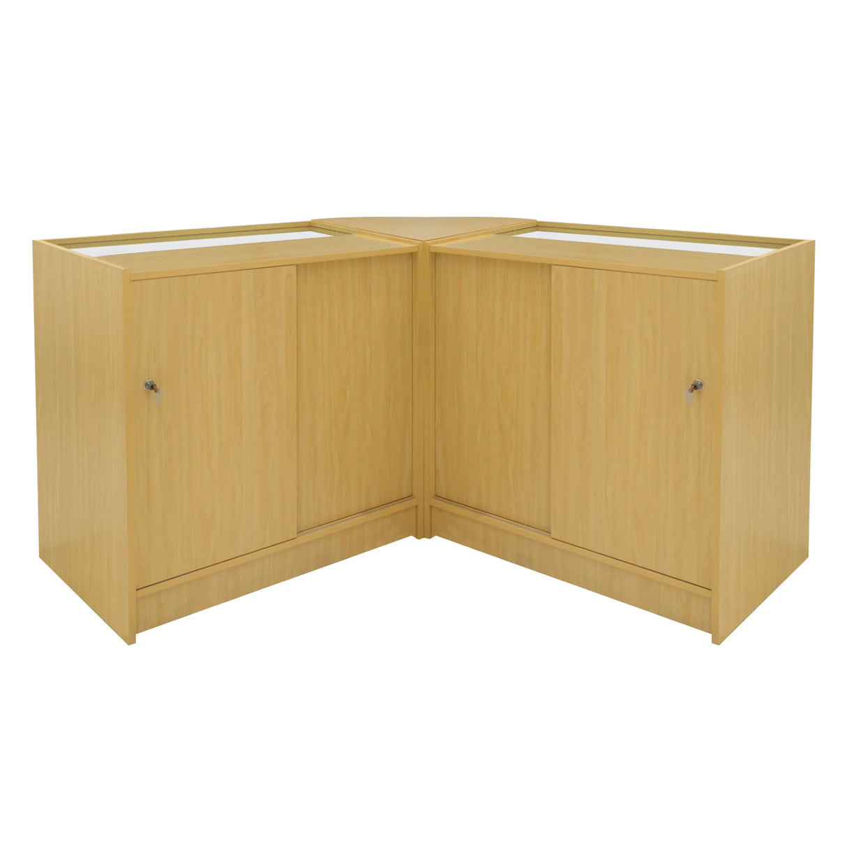 Maple Adonis LED Shop Counter Set featuring a sleek corner design with smooth surfaces and spacious storage cabinets