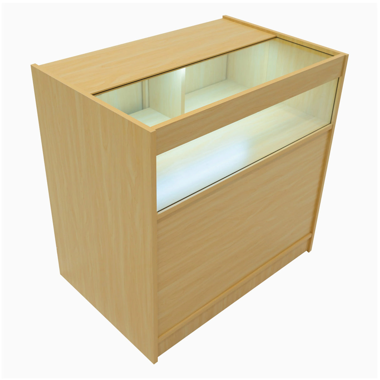 Adonis LED Shop Counter Set in maple finish, featuring a sleek design, glass display top, and integrated lighting for showcasing products