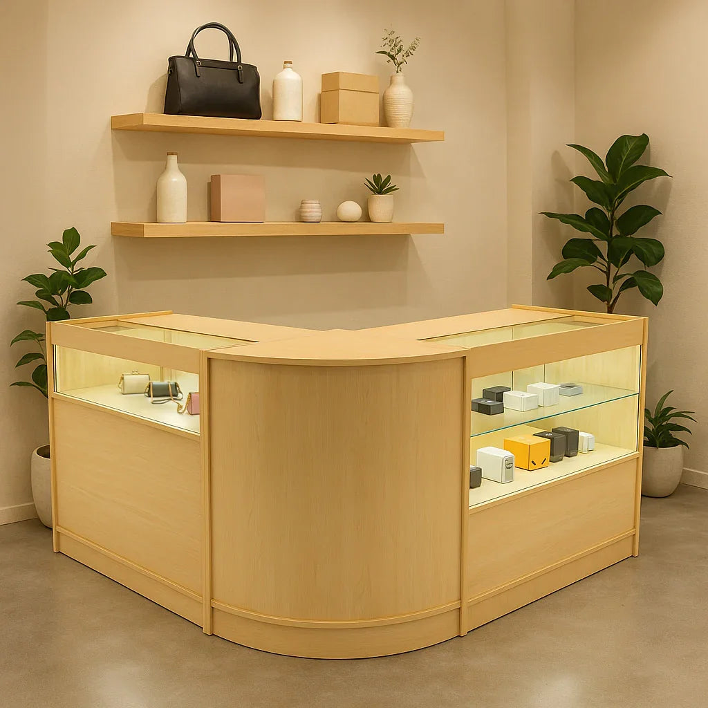 Adonis LED Shop Counter Set in maple wood features a modern design with glass display sections, ideal for showcasing products in retail spaces