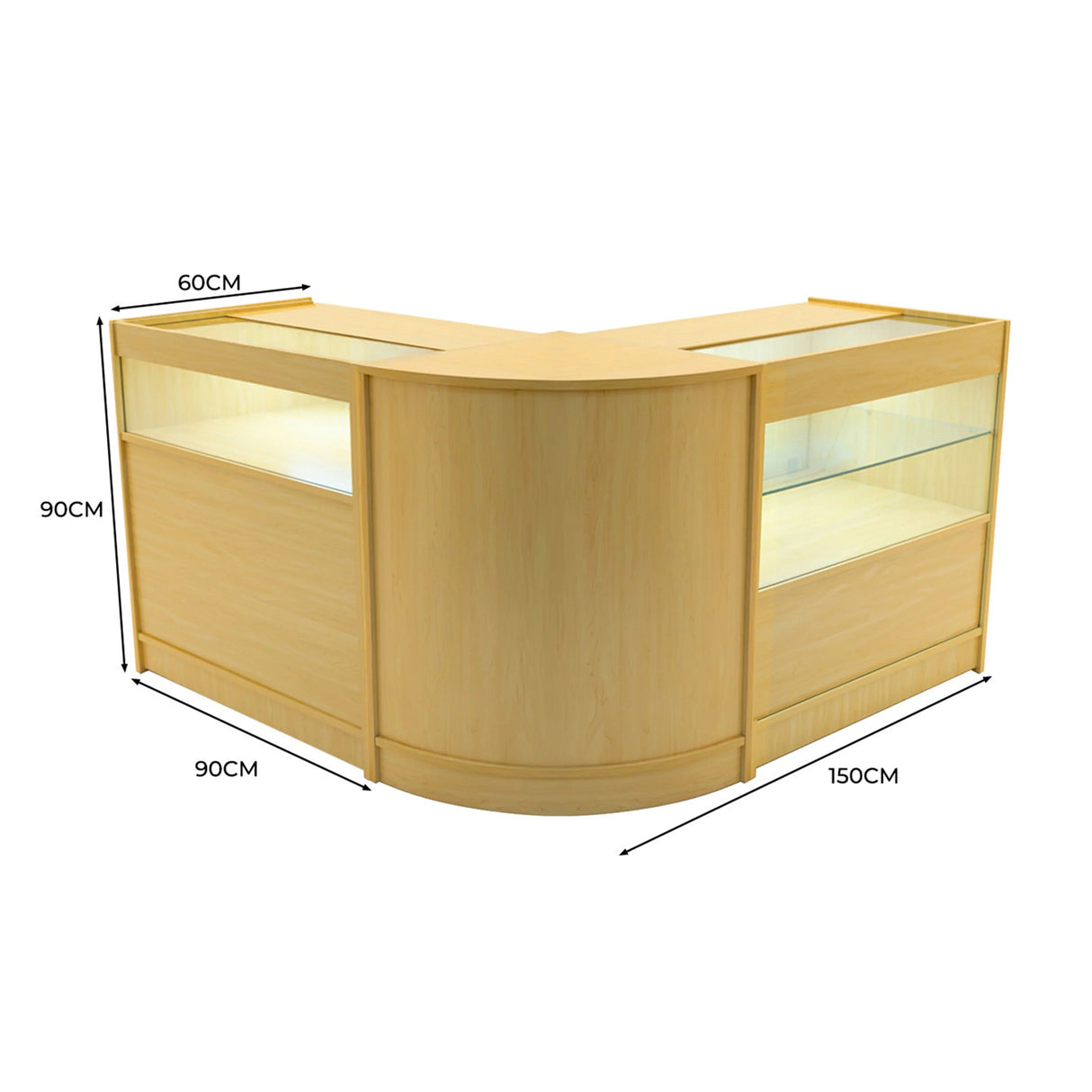 Adonis LED Shop Counter Set in maple finish, featuring a sleek curved design, glass display sections, and dimensions of 150cm x 90cm x 60cm